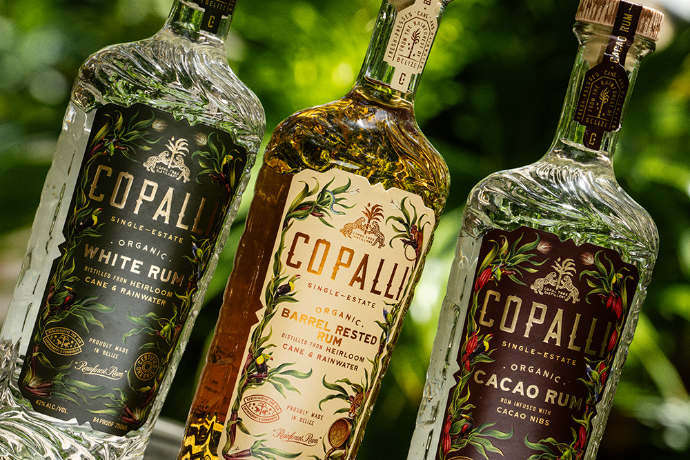 three bottles of copalli rum at an angle - white rum, cacao rum and barrel rested rum